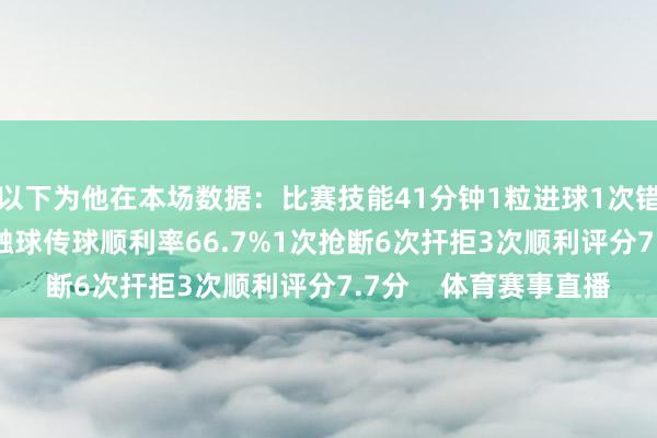 以下为他在本场数据：比赛技能41分钟1粒进球1次错失良机3射2正17次触球传球顺利率66.7%1次抢断6次扞拒3次顺利评分7.7分    体育赛事直播