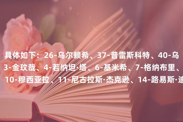 具体如下:26-乌尔赖希、37-普雷斯科特、40-乌尔比希、2-于帕梅卡诺、3-金玟哉、4-若纳坦·塔、6-基米希、7-格纳布里、8-格雷茨卡、9-凯恩、10-穆西亚拉、11-尼古拉斯·杰克逊、14-路易斯·迪亚斯、17-奥利塞、19-阿方索·戴维斯、20-比朔夫、22-格雷罗、27-莱默尔、42-卡尔、44-斯坦尼西奇、45-帕夫洛维奇 欧洲买球网体育信息