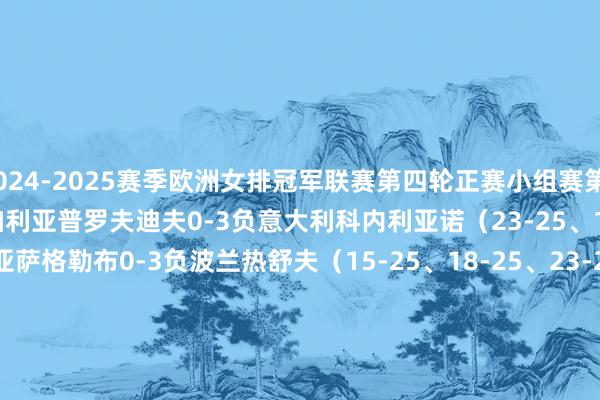 2024-2025赛季欧洲女排冠军联赛第四轮正赛小组赛第2轮赛果如下：　　A组：　　保加利亚普罗夫迪夫0-3负意大利科内利亚诺（23-25、17-25、17-25）　　克罗地亚萨格勒布0-3负波兰热舒夫（15-25、18-25、23-25）　　B组：　　德国什未林0-3负土耳其伊萨奇巴希（23-25、21-25、11-25）　　塞尔维亚奥布雷诺瓦茨3-1胜法国巴黎圣云（26-24、25-20、22-25、25-18）　　C组：　　斯洛文尼亚卡姆尼克0-3负意大利米兰（8-25、14-25、17-25）　　葡萄牙波尔图0-3负土耳其瓦基弗银行（13-25、16-25、13-25）　　D组：　　波兰罗兹勾引3-2胜法国南特（25-19、25-18、18-25、23-25、15-13）　　匈牙利布达佩斯1-3负土耳其费内巴切（13-25、15-25、26-24、21-25）　　E组：　　德国斯图加特0-3负意大利斯坎迪奇（17-25、22-25、21-25）　　罗马尼亚沃伦塔里3-0胜波兰别尔斯科-比亚瓦（25-21、25-17、25-23）体育录像/图片